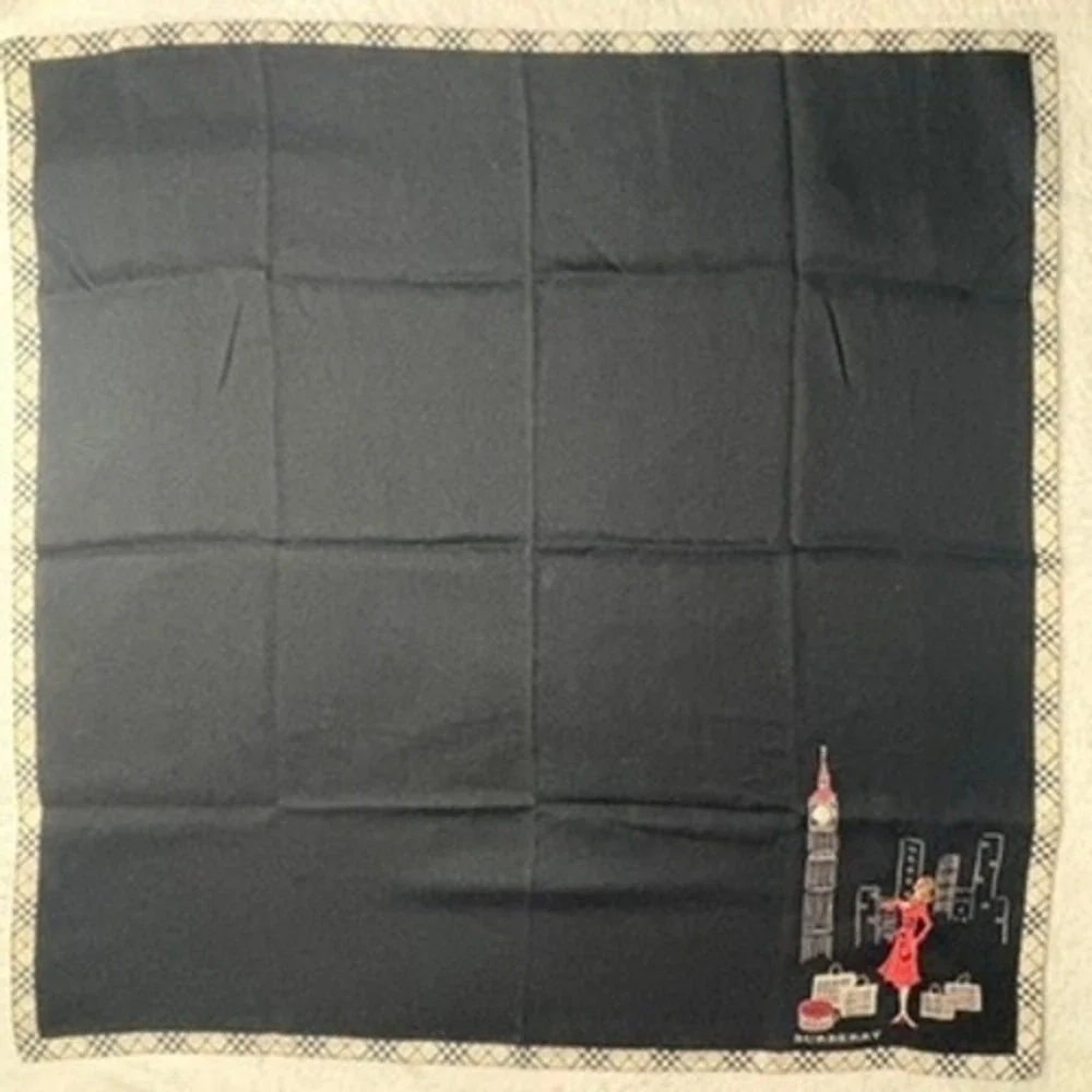 Vtg BURBERRY Scarf Handkerchief London Shopping Motif Black 19.5